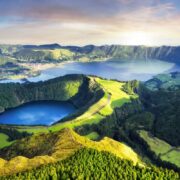 Dramatic sunset over Sete Cidades volcanic lake - panorama landscape, Azores, Portugal