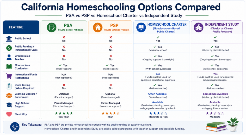 California homeschooling options comparison chart
