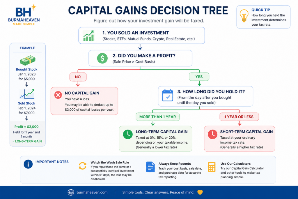 Capital gains decision tree showing how to determine short-term or long-term capital gains tax after selling an investment.